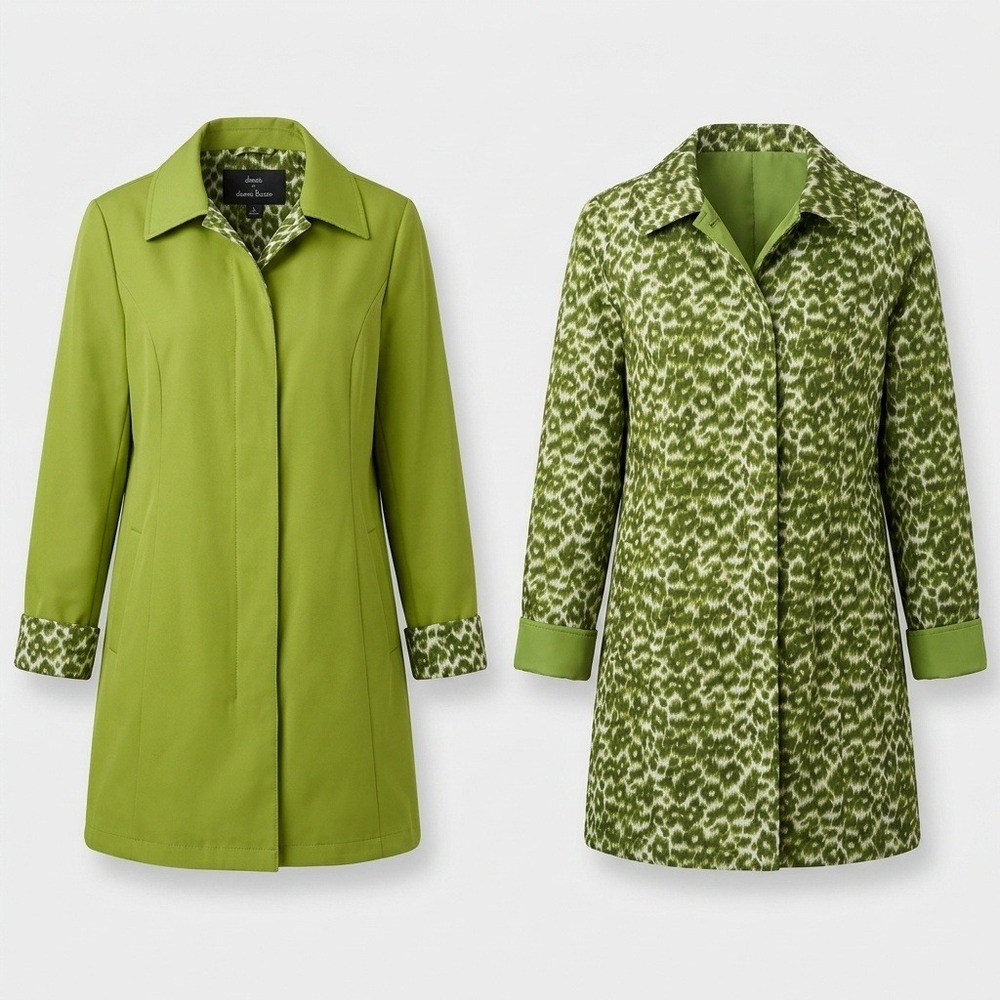 Dennis Basso Womens Reversible Leopard Lime Green Button Front Satin Coat L Bold